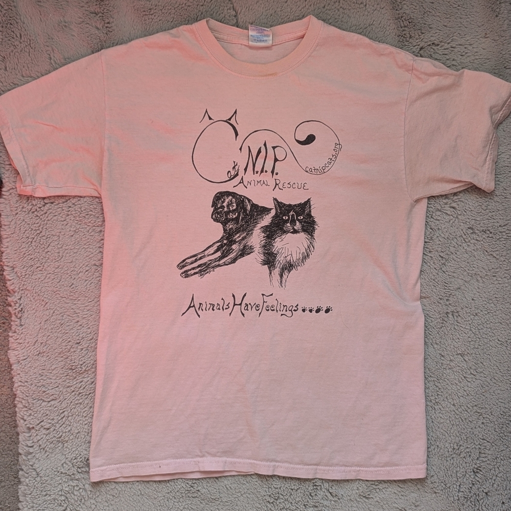 2000s Animal Rescue Graphic T-Shirt – CatNIP – Pink Cotton Tee | Medium